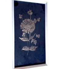 Vintage Stickbild Blumen Wanddeko Schwarz Silber Bild Rahmen Asia 30x17 cm