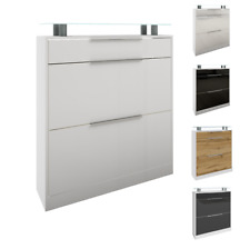 Schuhschrank Weiß Hochglanz Schuhkipper Regal Metallgriffe Glasablage OLIVA 1