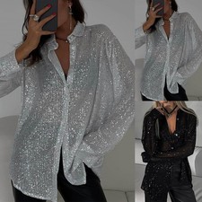 Damen Pailletten Langarm Bluse