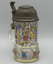 Alter Bierkrug/ Glaskrug/ Glas- Humpen 1/2 L. + Zinndeckel ; Emaille Bemalung