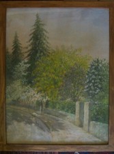 ::PASTELL IMPRESSIONIST GARTENTOR STRASSE °PARK UM 1930 RAHMEN ANTIK GOLDREGEN
