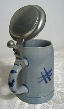 Sammler Bierkrug Seidel Humpen Älterer Steinkrug Blau MR Marzi & Remy Zinndeckel