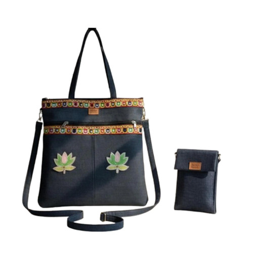 Besticktes lotus denim - lotus, tote