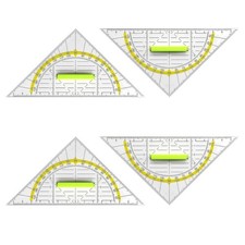 Vier flexible Geodreiecke aus Kunststoff mit Griff für Zeichnen und Vermessen
