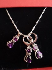 Schmuckset 925er Mädchen Katzen förmiger Amethyst 18x7 mm Edelstein Schmuck 