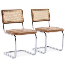 Freischwinger 2er Set Esszimmerstühle mit Rattan-Rückenlehne, PU-Leder Sitz