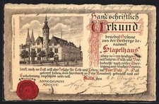 Lithographie Köln, Gasthaus Stapelhaus, Urkunde mit Siegel 1905 