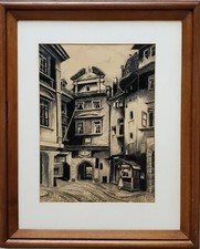 Zeichnung Federzeichnung Landschaft Stadt Prag Christian Arnold Monogramm