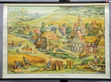 Schulwandkarte retro Rollbild vintage Poster Mittelalterliches Bauernleben