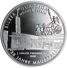 30 JAHRE DDR MAUERFALL / QUADRIGA BERLIN - 999 SILBER - MEDAILLE - SILBERBARREN