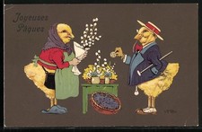 Künstler-AK F.Baumgarten: Vermenschlichte Osterküken mit Hut und Stock & Weiden 