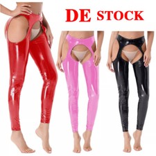 DE Damen Wetlook PVC Leder Hose Offener Hintern Strumpfhose Lange Hosen Clubwear