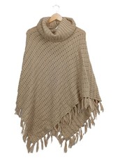 GINALAURA Damen Strick Poncho L/XL Beige Rollkragen Fransen Casual