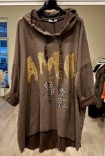 Italy Damen Sweatshirt Hoodie Leoprint Oversize AMORE 36-44/46 Braun Silber Gold