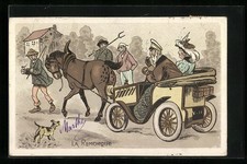 defektes Auto wird von einem Bauern abgeschleppt, Ansichtskarte 1964 