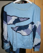 Unikat: Damen Pulli, Jeans farben, blau, Gr. 44/46/48, Materialmix, Handstrick