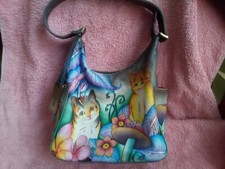 Anuschka Handtasche Hobostyl mit Seitentaschen -Leder Handbemalt mit Katzenmotiv
