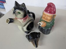 Alte Keramik Teekannen / Kaffeekannen - Katze + Gartenzwerg / Zwerg + Hundekopf