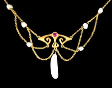 Art Nouveau Charles Grossman USA Antike Gold 14K Rubine Perlen Jugendstilcollier