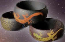 3er Set HOLZ Finger Ring Hand Tribal Gecko Echse handbemalt schwarz