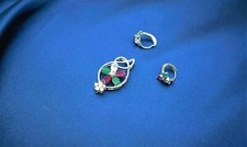 Set Anhänger + Ohrringe Peridot Rubin Trachten Hochzeit Silber Jugendstil 