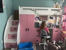 Kinder Mädchen Hochbett mit Schrank Schreibtisch Schubladen Treppe Pink Weiß