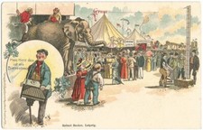 Krüppel mit Drehorgel, Leierkasten, Zirkus, Elefant, Affe, Jahrmarkt, Karussell