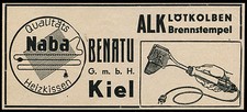 Alte Werbung Reklame 1936 ALK Lötkolben Brennstempel Naba Heizkissen BENATU Kiel