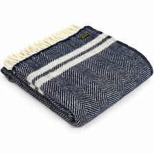 TWEEDMILL TEXTILES 100% Wolle Sofaüberwurf Decke FISHBONE MARINE BLAU/SILBER GESTREIFT