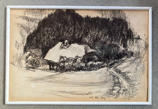 Wilhelm Kimmich Kohlezeichnung Haus im Schwarzwald Schwarzwaldhaus 1979