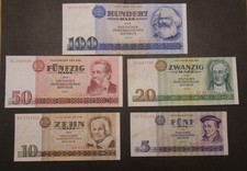 5 Geldscheine von DDR 5, 10, 20, 50, 100 Mark 1971 - 1975. Gebraucht. SELTEN !