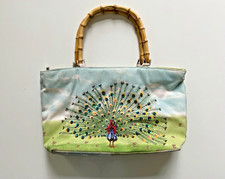 Tolle Sommertasche mit BAMBUS - Griffen und Pfau-Motiv aus Canvas + Pailletten