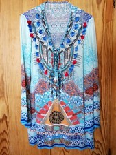 Malvin zauberhafte Tunika Bluse transparent mehrfarbig Perlen Bommel Gr. 36