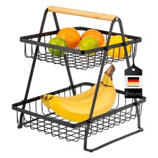 B-Ware eluno 2-stöckige Etagere, Obstschale, Obstkorb, Bambus, schwarzem Metall
