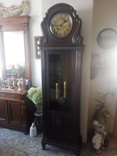 Standuhr, edles Design, Gründerzeit / Jugendstil, Eiche, 2 Messinggewichte,