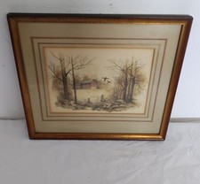 Bild Landschaft Bauernhaus sehr schönes alter Druck in einem alten Holzrahmen.