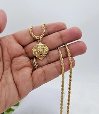 18K Gelbgold über brüllendem Löwenkopf Anhänger Halskette mit 24" Seil Kette ...