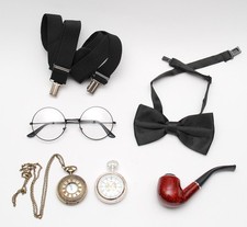 20er Jahre Kostüm Set Herren Fliege Hosenträger Uhr Brille Pfeife Retro Vintage