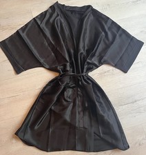 Satin Kimono Bademantel Morgenmantel Unisex Schwarz Glänzend Neu