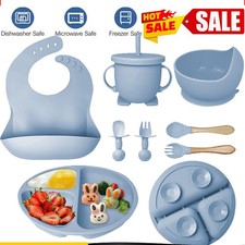 Silikon Baby Geschirrset Kindergeschirr 8 Stücke Kinder Teller mit Saugnapf Blau