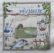 Stickbild-Kreuzstich-point de croix-Madame la Fee-Angler-Fische-DMC-Garn-Leinen