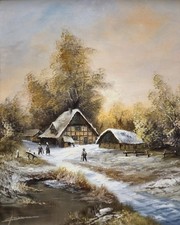 Ölgemälde Winterlandschaft Abendrot Dammemann (XX) 44x38cm