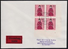 BUND 1968 NR. 573 ECKRAND 4ER BLOCK + FORMNUMMER 1  EILBRIEF PORTOGERECHT - RAR