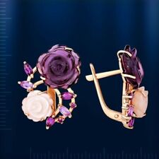 Rotgold Blumen Ohrringe Perlmutt Amethyst Rhodolite Russische Rosegold 585