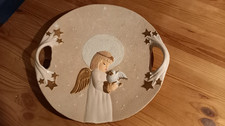 Weihnachtsteller beige, Keramik, 2 Griffe, Engel mit Taube, Glitzer, gebraucht