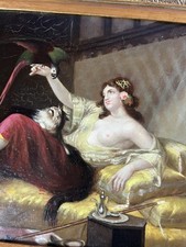 Rarität Altes Gemälde Halbakt Orientalische Frau Katze und Papagei mit Rahmen