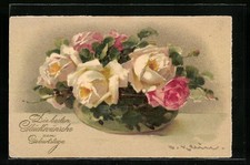 Künstler-AK Catharina Klein: Schale mit Rosen, Geburtstagsgruß 