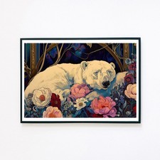 Schlafender Eisbär Botanische Blumen Illustration A5 Wohndeko Wandkunstdruck 