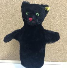 Vintage 1960/1970 Steiff Handpuppe Katze 6670/17 Schwarze Katze Knopf + Fahne