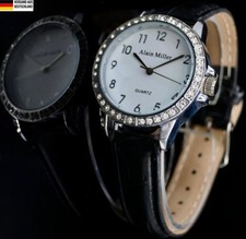 Alain Miller Damen Frauen Armband Uhr Schwarz Silber Farben Damenuhr Crystal 02